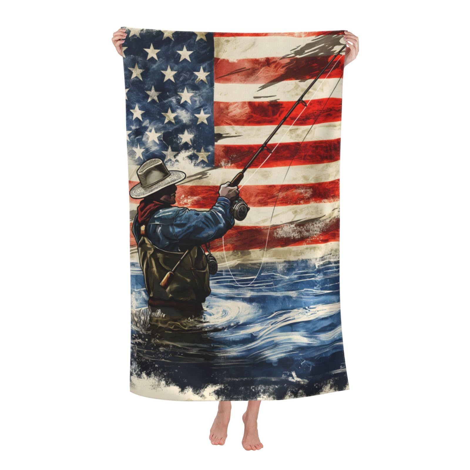 HLBSDM Fishing American Flag Beach Towel Patriotic Sand Free Microfiber Bath Towel Ultra Soft Quick Dry Pool Towel Absorbent Towel Lightweight Towel for Outdoor Bathroom Swimming Decor 31inx51in