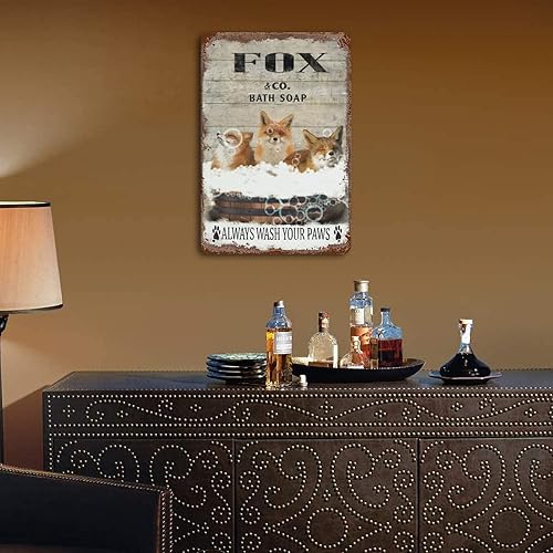 Miniatura 6 de Placa colgante de hierro vintage con diseño de zorro, letrero de hojalata vintage con texto en inglés "Wash Your Paws", letrero de metal para bar,