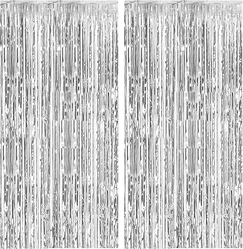 lqfpdsp Metallic Foil Fringe Curtain Backdrop, 3.28 x 6.56 ft, 2-Pack, Party Decoration for Birthday, Wedding, Graduation,Halloween,Christmas Day (Sliver)
