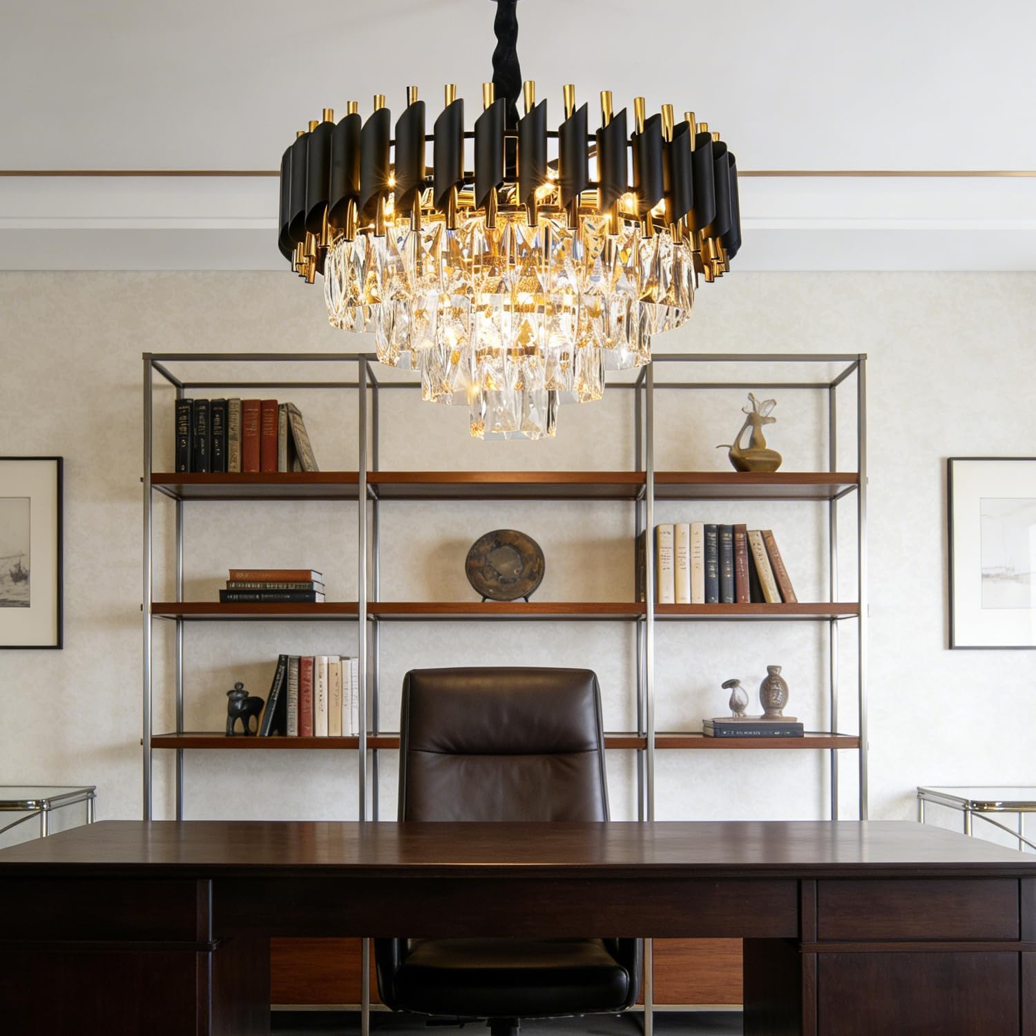Black Gold Crystal Chandelier Contemporary 20" Modern Living Room Chandeliers K9 Crystal Ceiling Lights Fixtures, Round 4 Tiers Pendant Lighting Black for Entryway Dining Room Staircase
