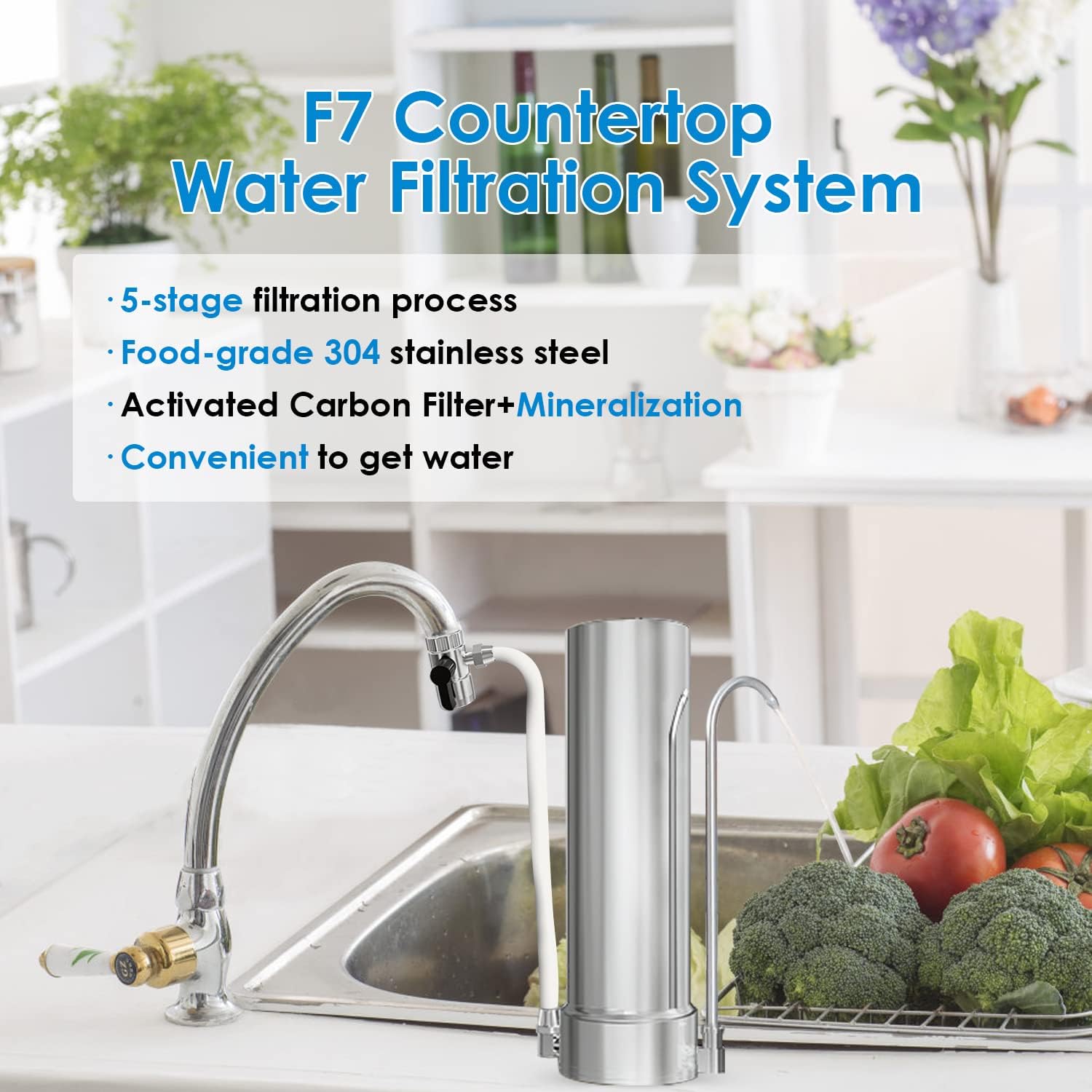 Vortopt Filtro Acqua da Banco,5 Stadi Depuratore Acqua Rubinetto,12 Mesi o 8000 Galloni a Lunga Durata,Riduce 99% Cloro,Metalli Pesanti,Cattivi Odori e Aggiunge Materiale Minerale,F7(Include 1 Filtro)