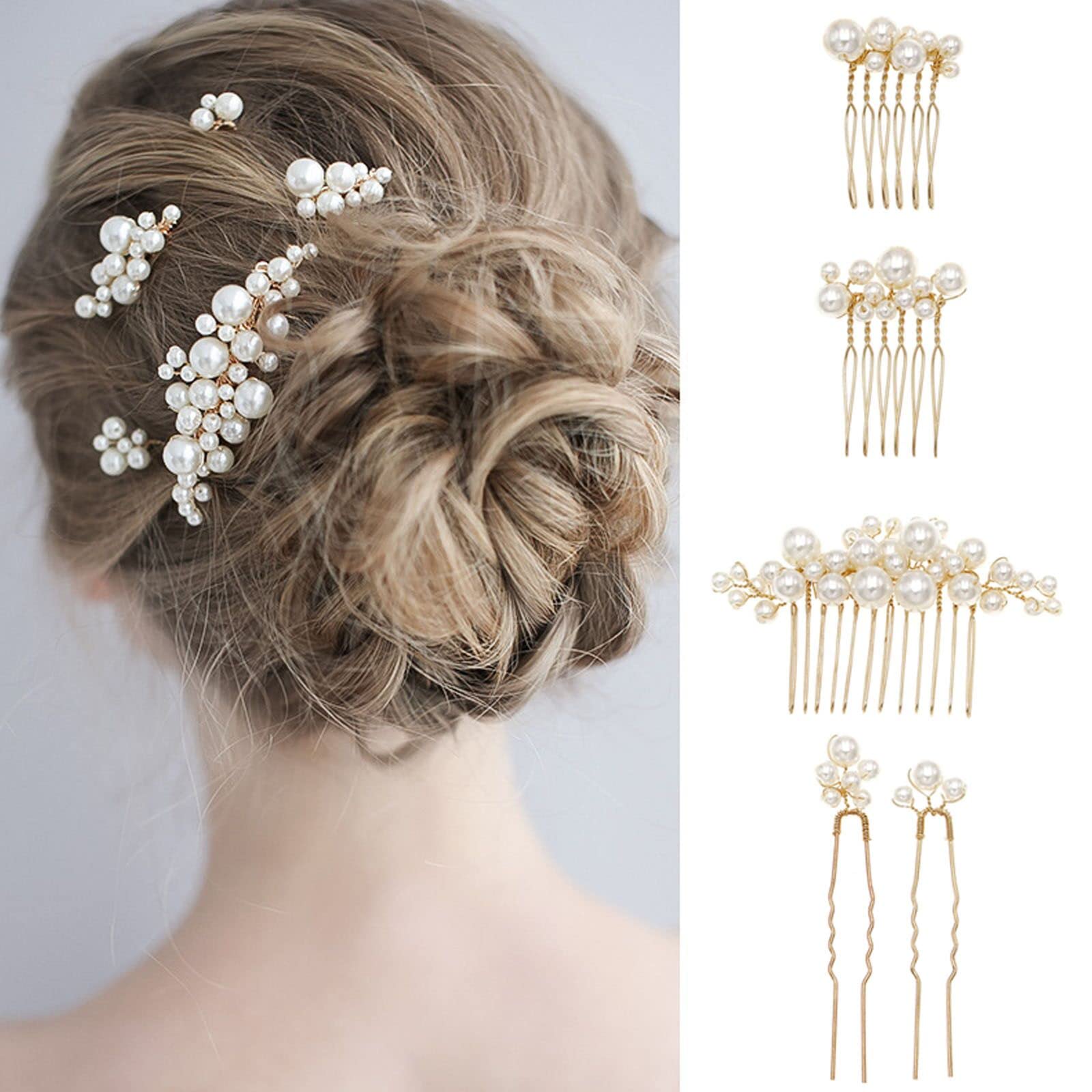 Set of 5 Pearl Hair Combs and Pins - Bridal Hair Accessories, Handmade with Amazon.com : 5 Pieces Bridal Flower Wedding Hair Pins  main image 4