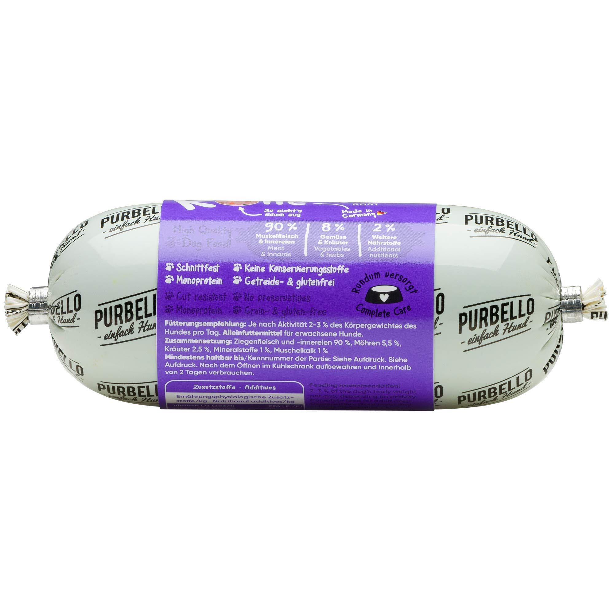 PURBELLO Hunde-Rolle Ziege mit Karotte & Kräutern - Monoprotein Hundefutter mit hohem Fleischanteil - Nassfutter für Hunde - Hundewurst schnittfest & getreidefrei - 8 x 200 g