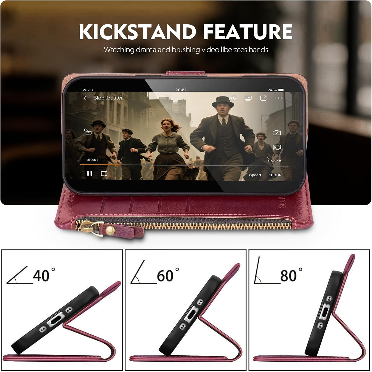 Compatible with iPhone 17 Wallet Case with Card Holder RFID Blocking Zipper Poket PU Leather Flip Phone Case with Wrist Strap Credit Card Slots Men Women,for Apple 17 6.3",Wine Red - Image 6