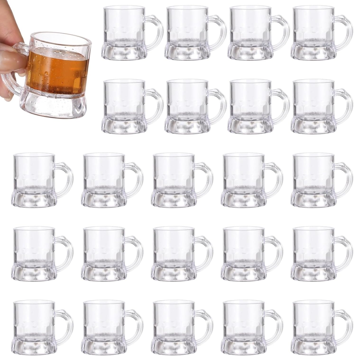 24 Pcs Mini Plastic Beer Mugs, 2 oz Small Shot Glasses with Handles, Reusable Clear Beer Tasting Glasses for Beer, Whiskey, Juice Cups, Party, Wedding