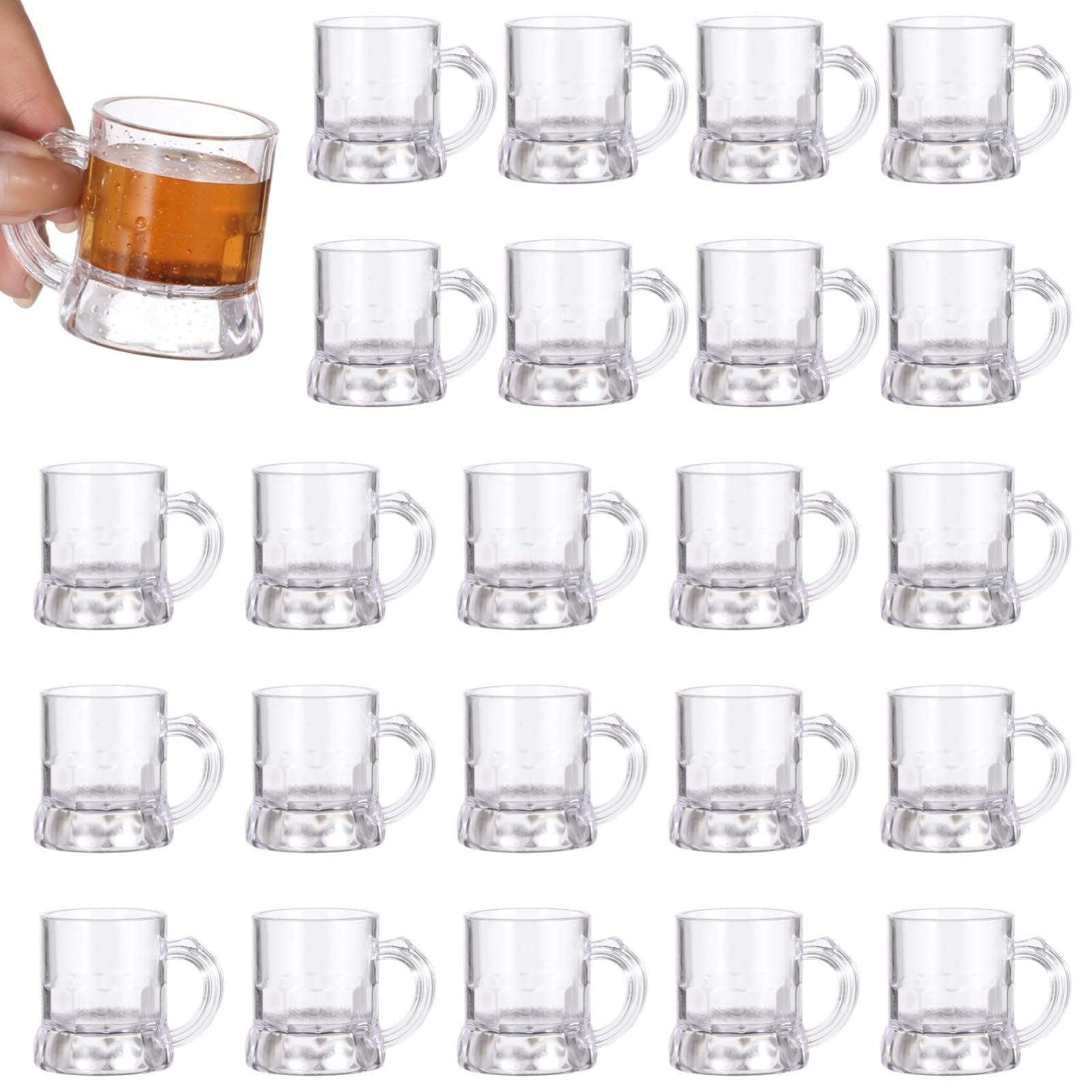 24 Stk. Mini-Kunststoff-Bierkrüge, 2 oz Schnapsgläser mit Henkel, wiederverwendbare klare Bierverkostungsgläser für Bier, Whiskey, Saft, für Party und Hochzeit, auch als Trinkgläser für Zuhause