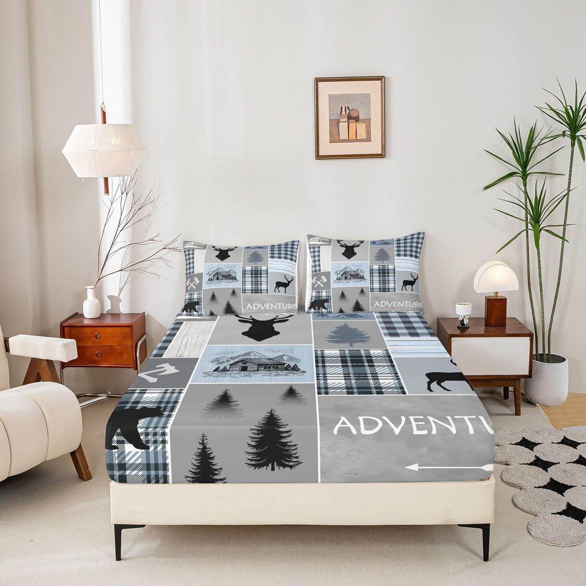 Cabin Fitted Sheet Bear Deer Rustic Lodge Bedding Set Twin Size for Kids Teens Adult, Camper Wild Animal Bed Sheets Plaid Adventure Farmhouse Sheets Country Cowboy Hunting Decor, Blue Gtey