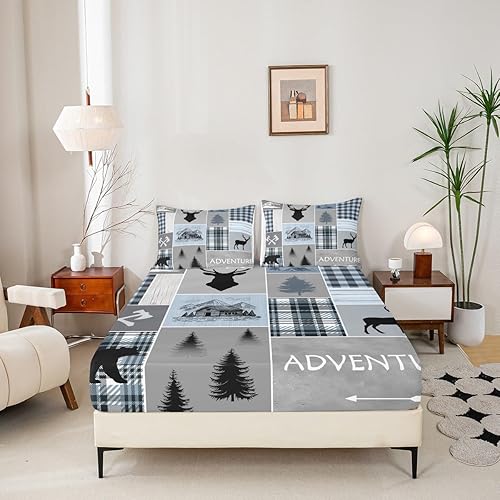 Miniatura 2 de Juego de sábanas bajeras de cabaña, diseño de oso y ciervo, rústico, tamaño individual para niños, adolescentes y adultos, sábanas de animales