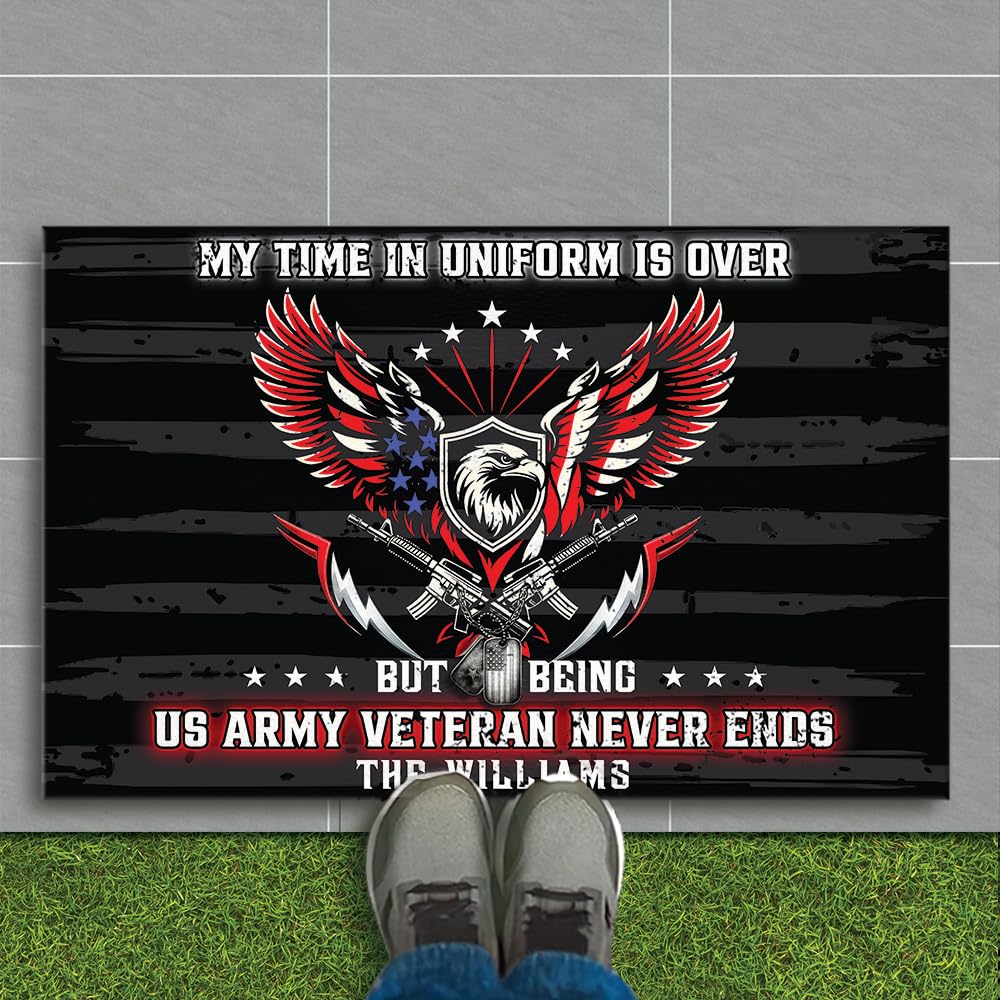Personalized Non-Slip US Army Veteran Doormat – Custom Military Welcome Mat with Name, Eagle and Flag Design – Patriotic Rug for Outdoor Entryway,