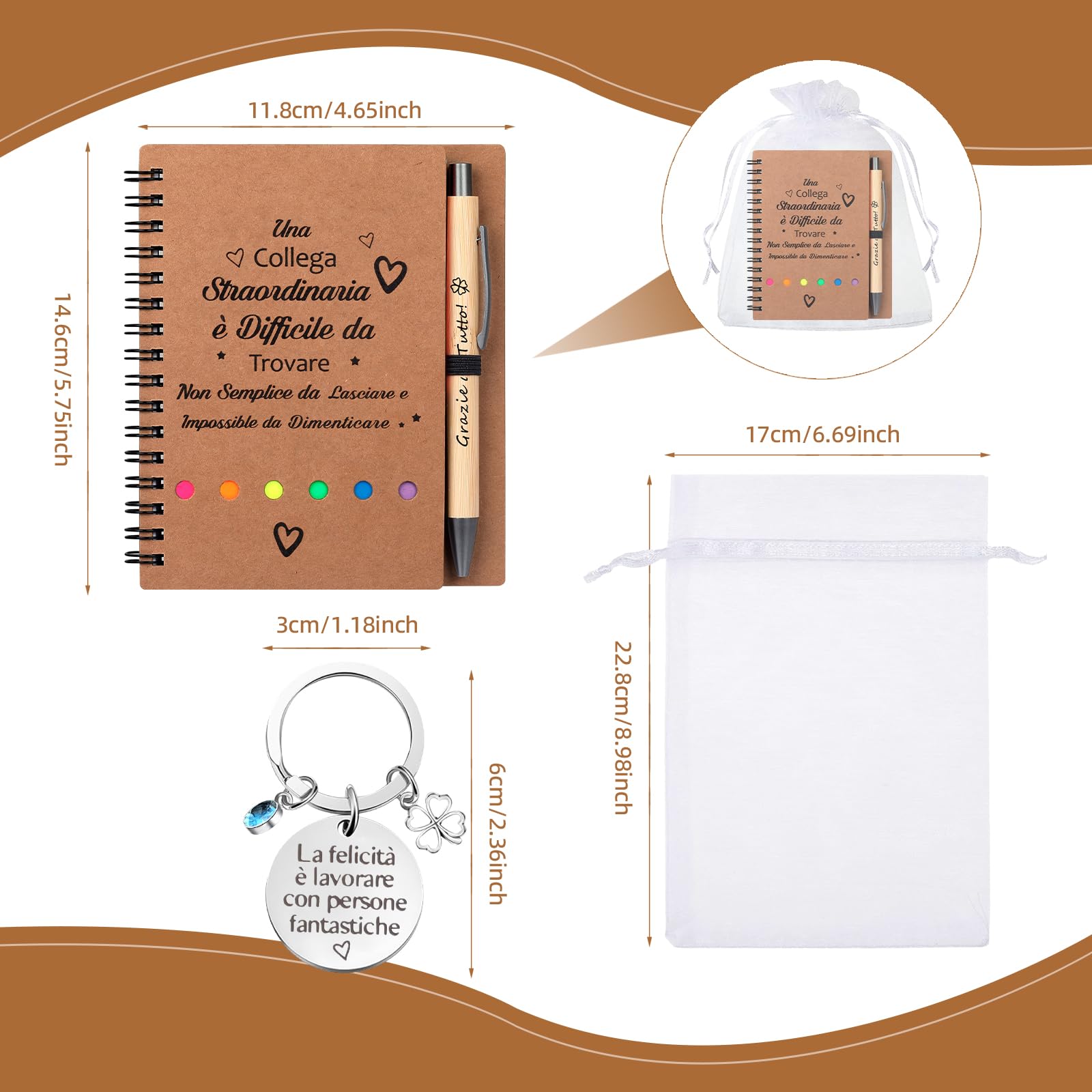 Set regalo 4 pezzi per colleghi: quaderno spirale, penna retrattile, portachiavi, sacchetto garza