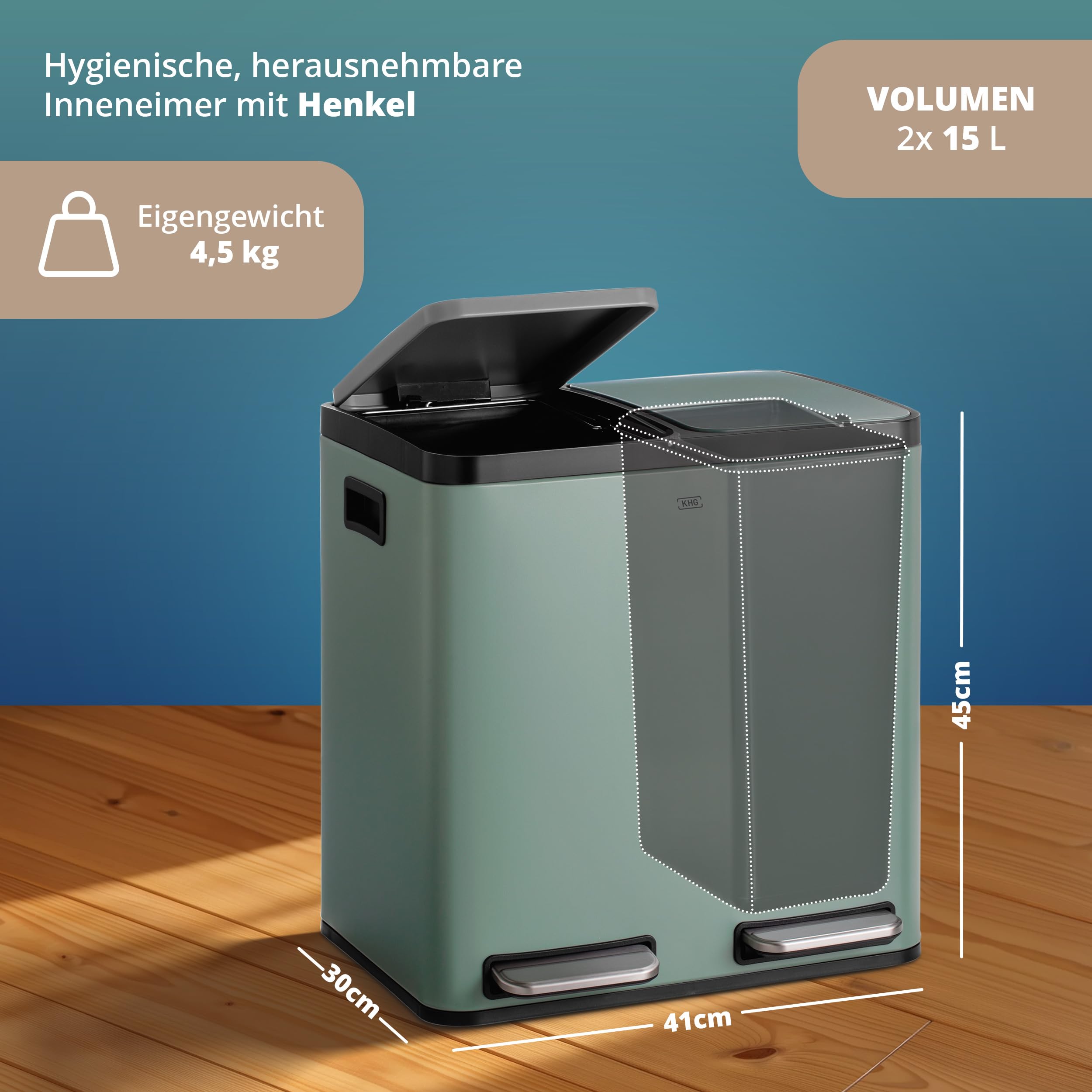 KHG Mülleimer 30 Liter (2x15L) Grün mit Tretfunktion - Abfalleimer zur Mülltrennung mit 2 separaten Deckeln, pulverbeschichtetes Eisen, herausnehmbare Inneneimer aus Kunststoff