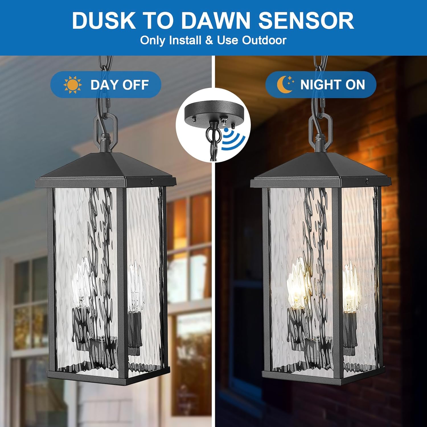 Outdoor Pendant Lights for Porch Chandelier Outdoor Pendant Lights Dusk to Dawn, 2-Light Modern Hanging Porch Lights Exterior Hanging Light Fixture with Water Ripple Glass for Patio Gazebo