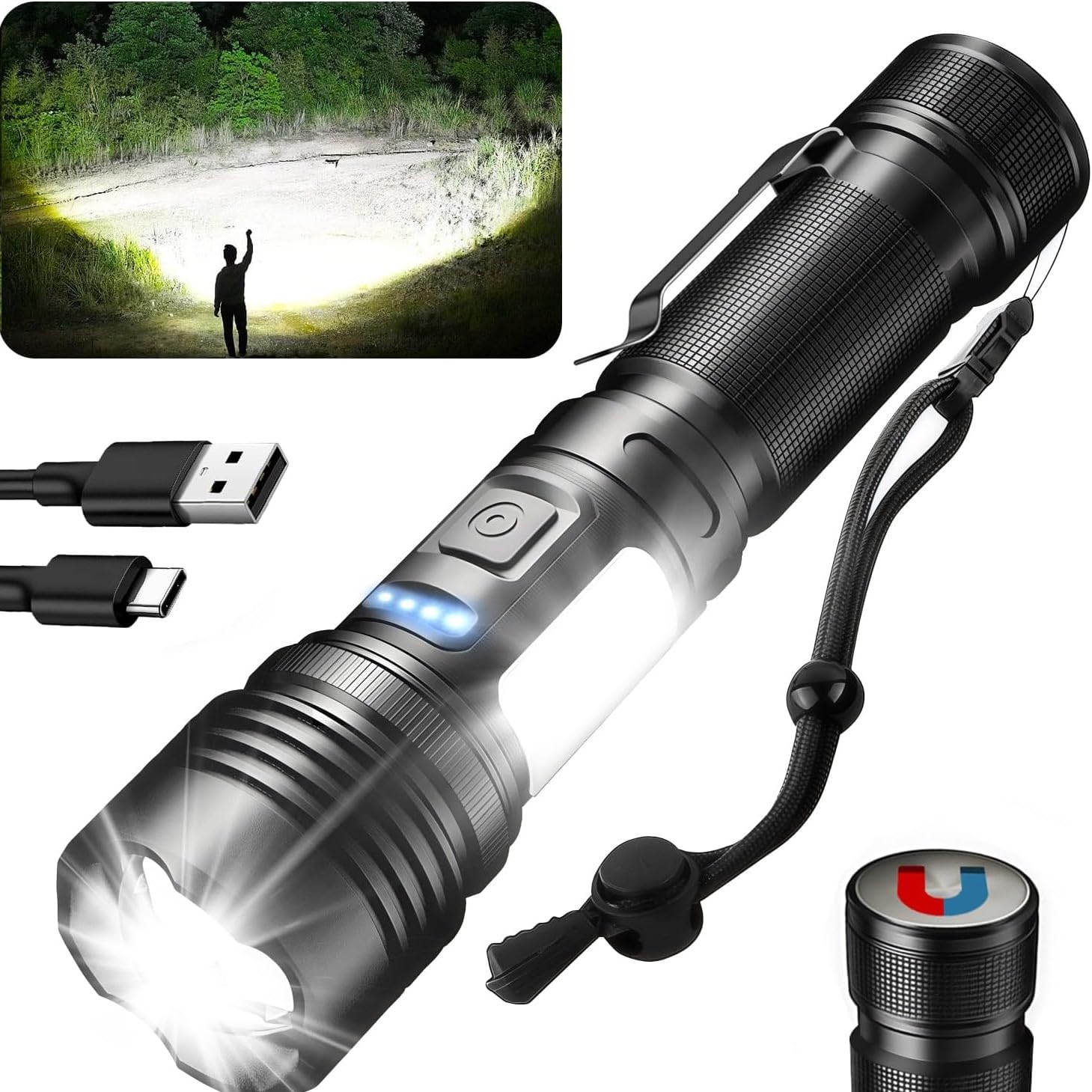Super Bright Rechargeable Large Flashlights, 2 In 1 Flash Light Lantern High Lumens Led Zoomable Tactical Flashlights Waterproof Multifunction Red Campin 8 thumbnail image