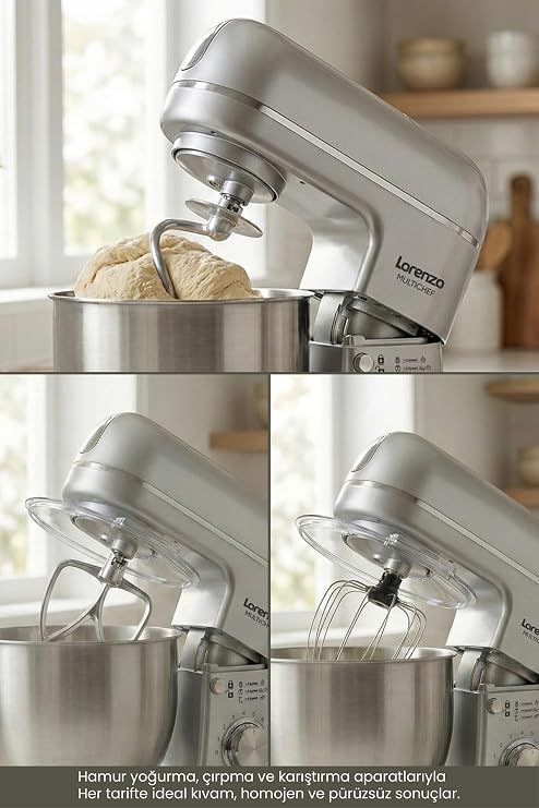 Lorenzo Multichef Stand Mixer 3in1, Hamur Yoğurma, Blender, Et Kıyma Makinesi, Gümüş
