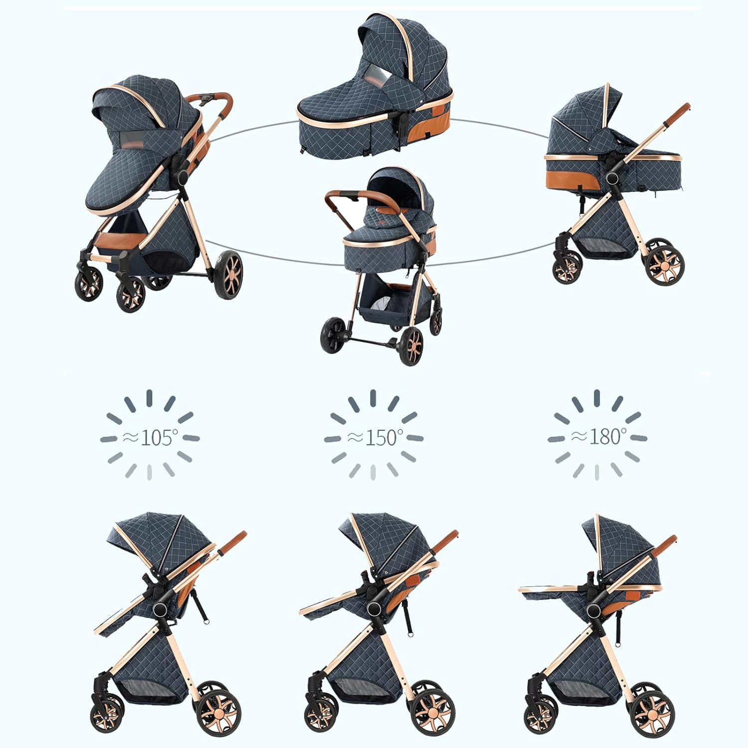 2 in 1 Baby Stroller Reversible Portable Standard Stroller Convertible Pushchair Infant Buggy Baby Carriage Foldable High Landscape Pram for Toddler Newborn (225 Pink)