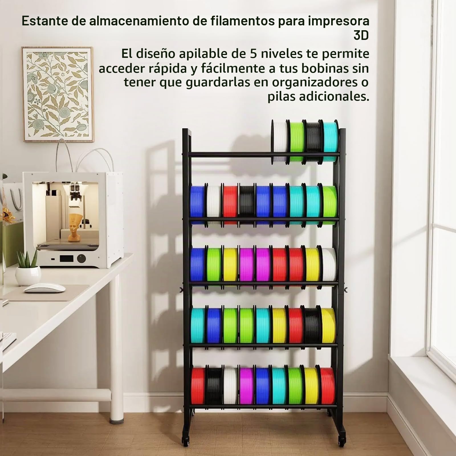 Estante De Almacenamiento De Filamentos De 5 Niveles Para Impresoras 3d, 130x70x22cm, Soporte De Almacenamiento Para Filamentos De ImpresióN 3d Compatible Para Pla, Abs, Petg, Tpu, Madera