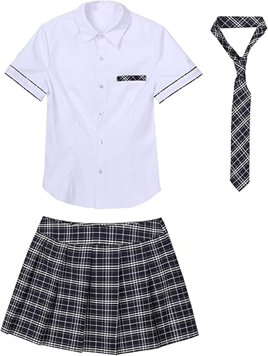 Vista 4 de Women's Japanese School Uniform Set Cosplay Costume Short Sleeve Shirt with Plaid Skirt and Tie