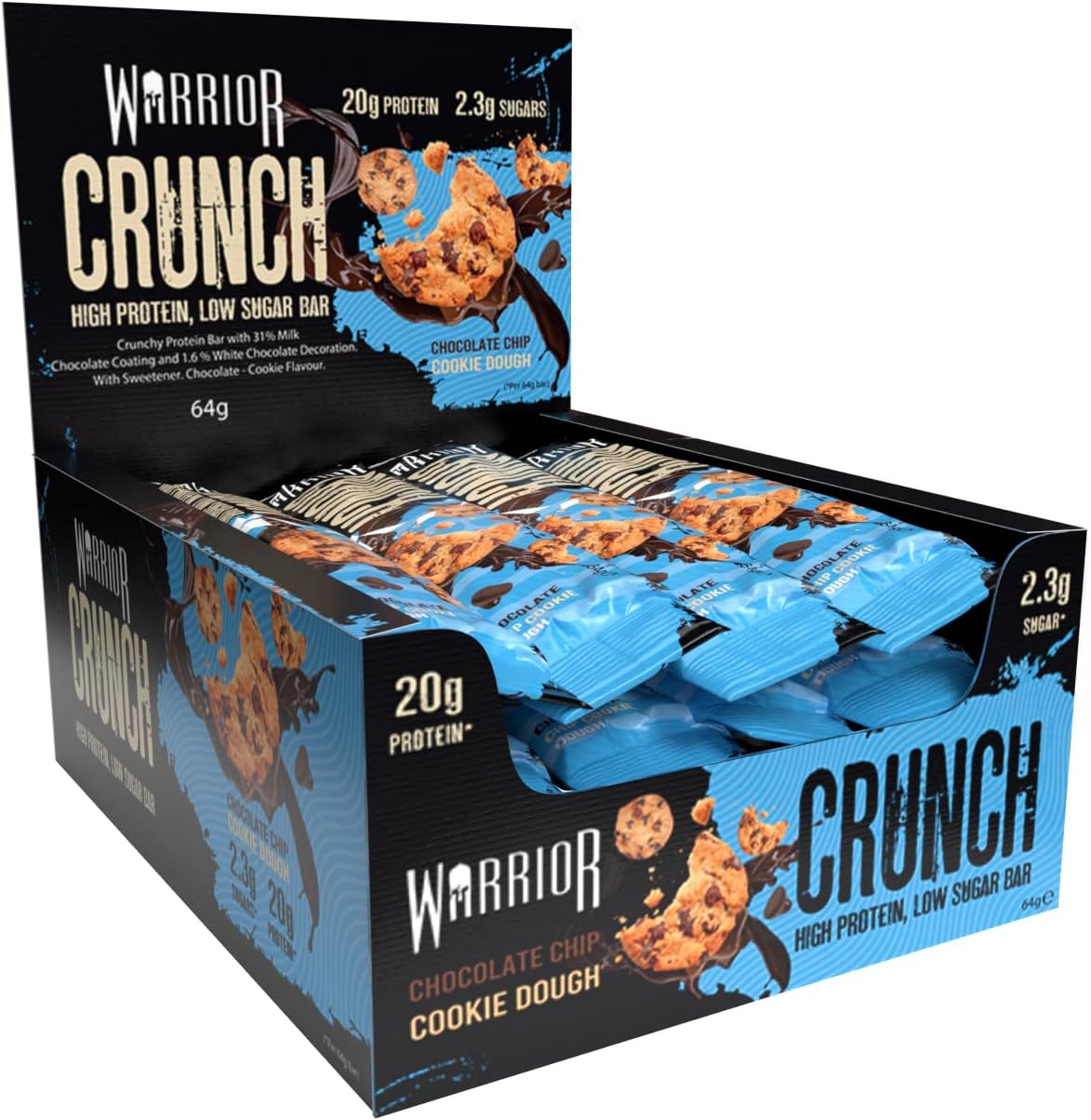 Warrior Crunch Protein Bars, Chocolate Chip Cookie Dough 12 x 64g – High Protein Snacks (20g), Low Sugar, Low Calorie Snack Bar, Guilt-Free On-the-Go Treats, Multipack Diet Bars for Weight Loss