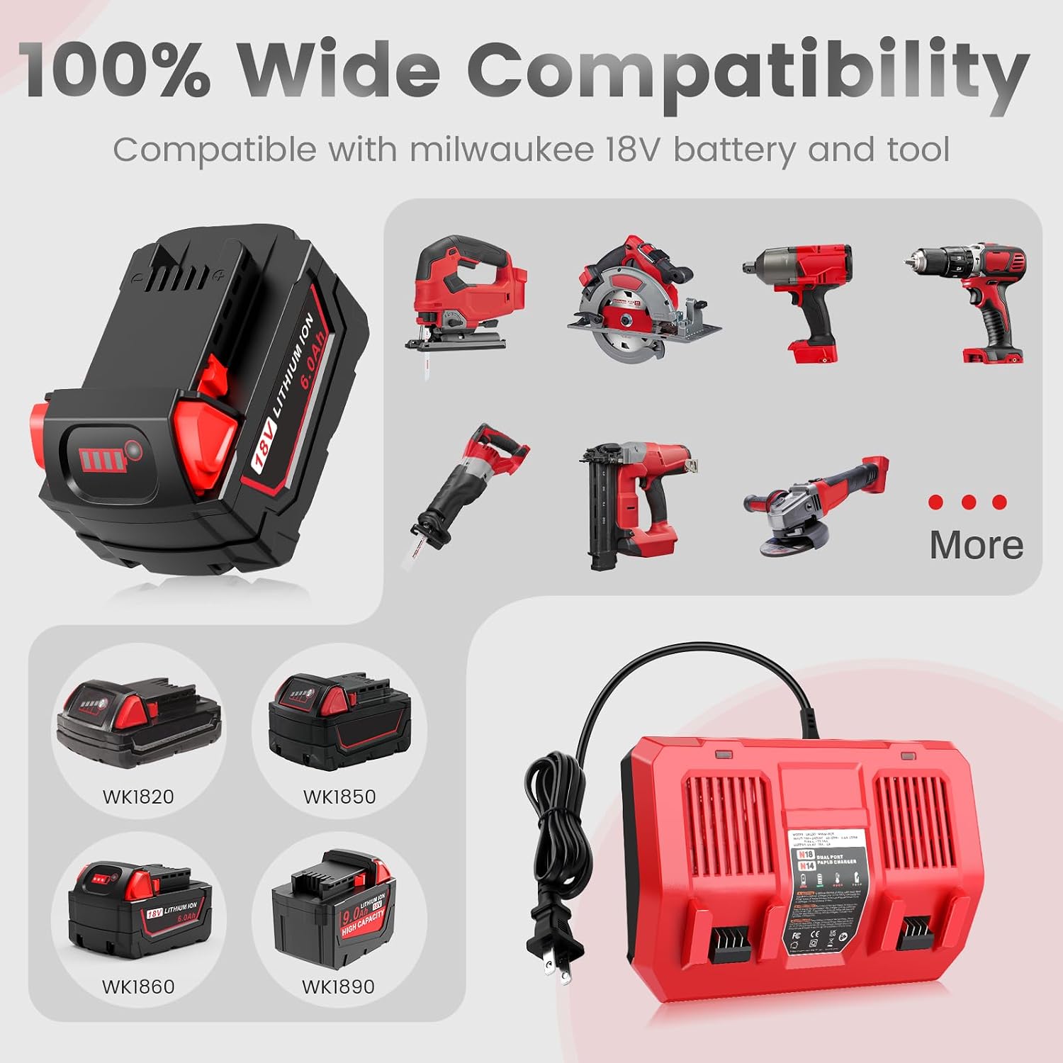 4 Pack Milwaukee 18V Battery & Rapid Charger Kit, 18V 6.0Ah Replacement for Milwaukee Mk18 Battery Compatible with Mk-18 48-11-1850 48-11-1840 48-11-1890 48-11-1815 Cordless Tools