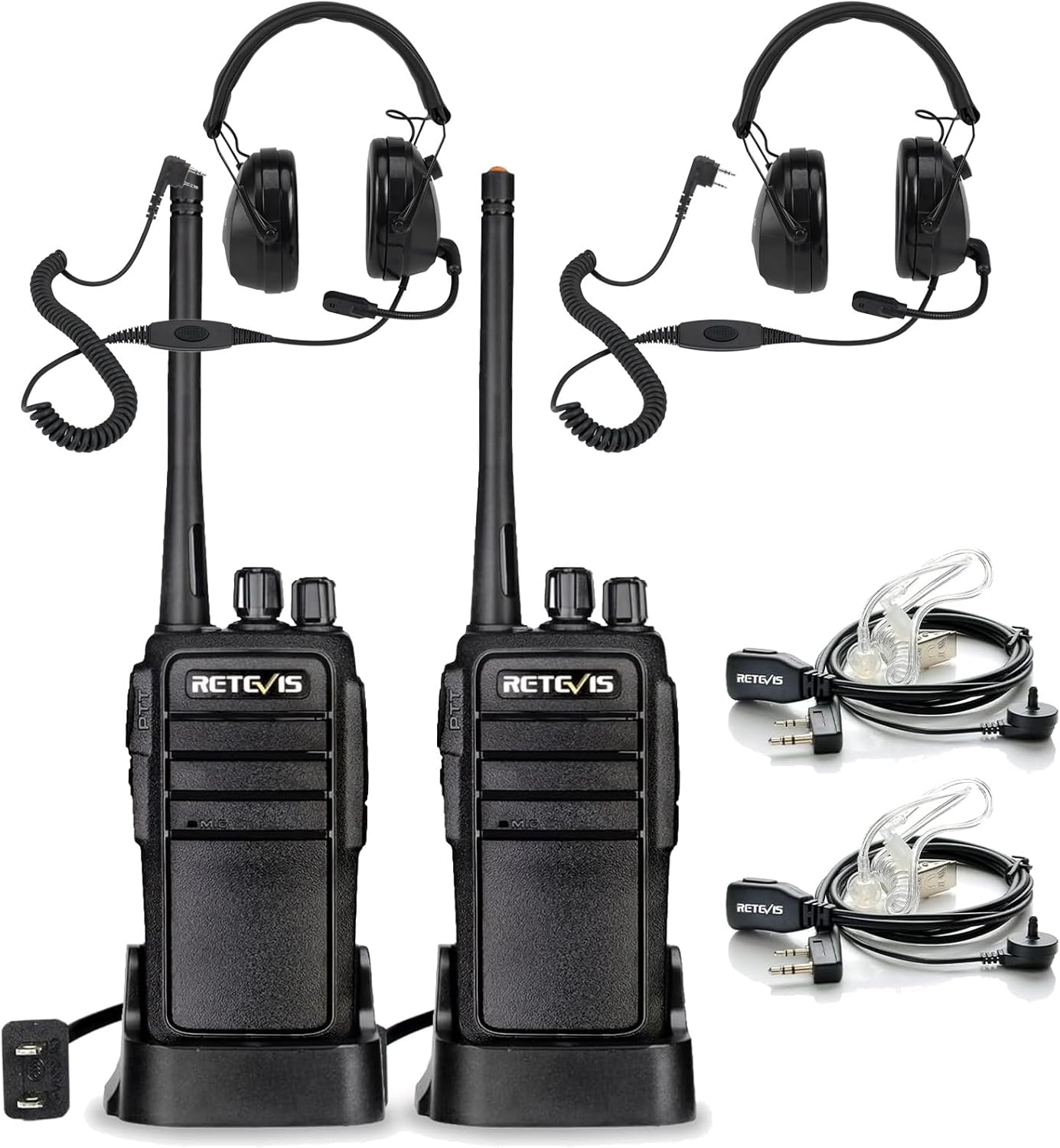 Retevis RT21 Rechargeable Walkie Talkies(2 Pack) with Noise Reduction Walkie Talkie Headset(2 Pack), Portable FRS Two-Way Radios with Covert Tube Earpiece, Foldable Headset with Mic, Volume Adjustment