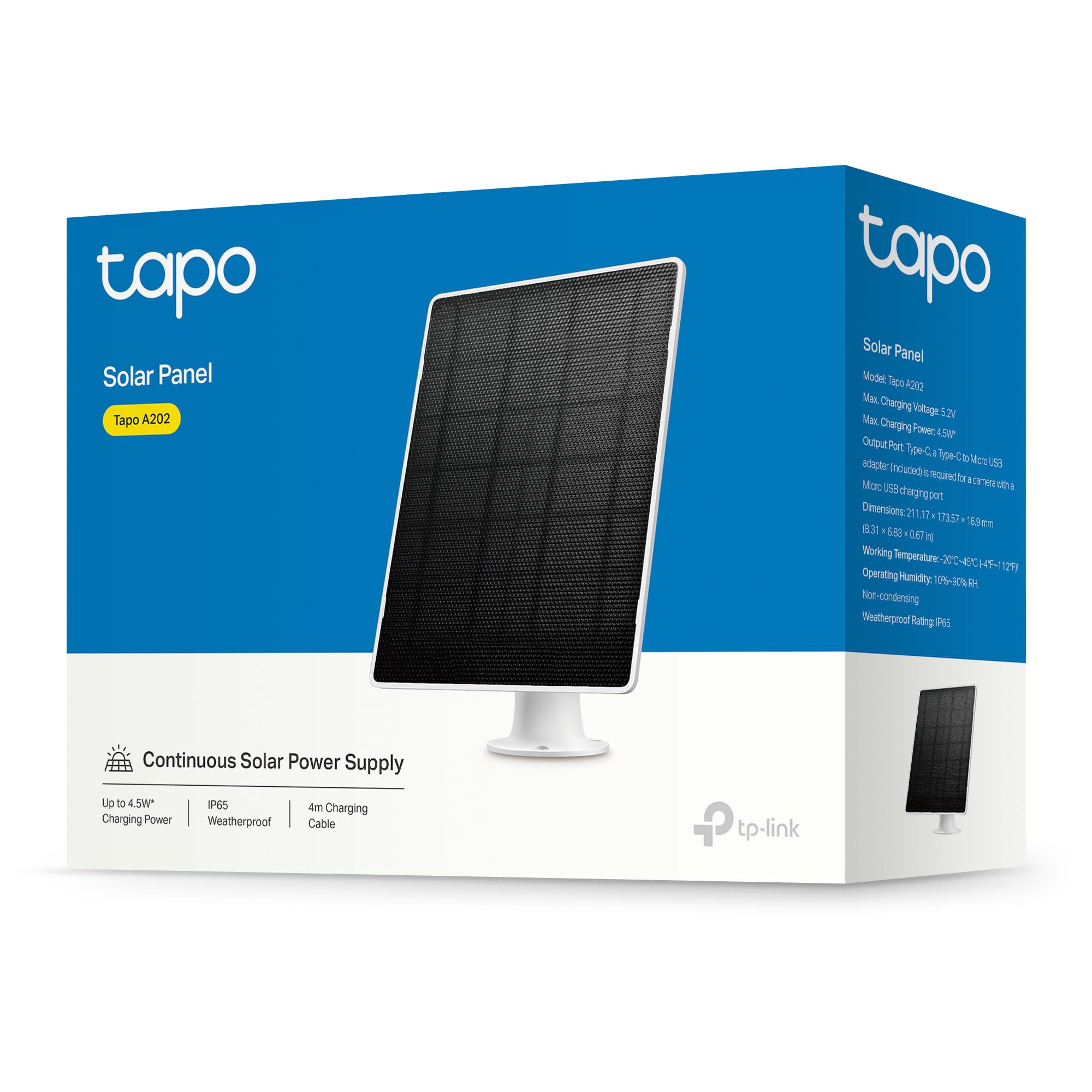 Tapo A202 Solarpanel, Kompatibel mit Allen Tapo-Akkukameras, 4m Typ-C Verlängerungsladekabel, 5V 4,5W, IP65 Wasserdicht, frei Einstellbarer Winkel, USB-C auf Micro-USB Adapter enthalten