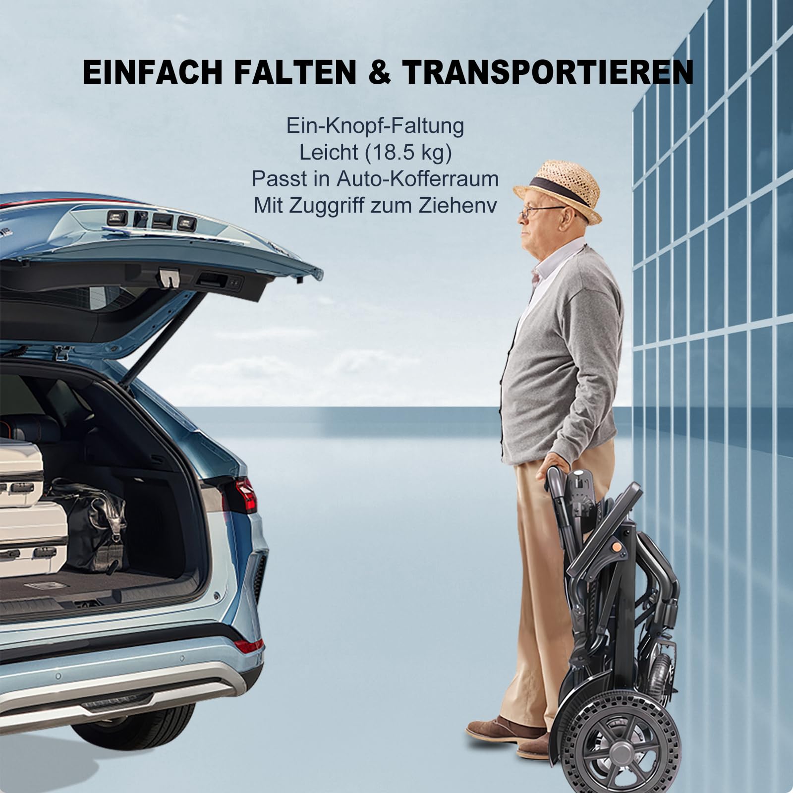 D04 Kompakter faltbarer Elektrorollstuhl mit 500W starkem Motor, 10Ah abnehmbarer Batterie, 20 km Reichweite, 150 kg Tragkraft, Carbon-Alu-Rahmen, geeignet für jede Geländeart