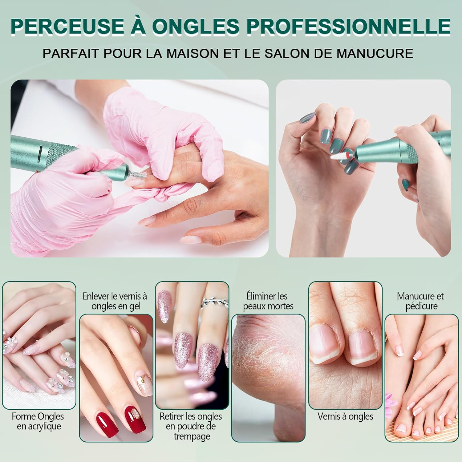 Nail Drill Cordless, 35000 RPM Electric Nail Filer for Acrylic Nails, Professional Acrylic Nail Kit with Bits, Rechargeable Nail Efile Portable Manicure Kit for Women Home & Salon (Green)