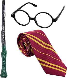 Wizard Costume Set Novelty Wizard Glasses Striped Tie and Magic Wand Cosplay Costumes Accessories for Halloween, Themed Party, Birthday