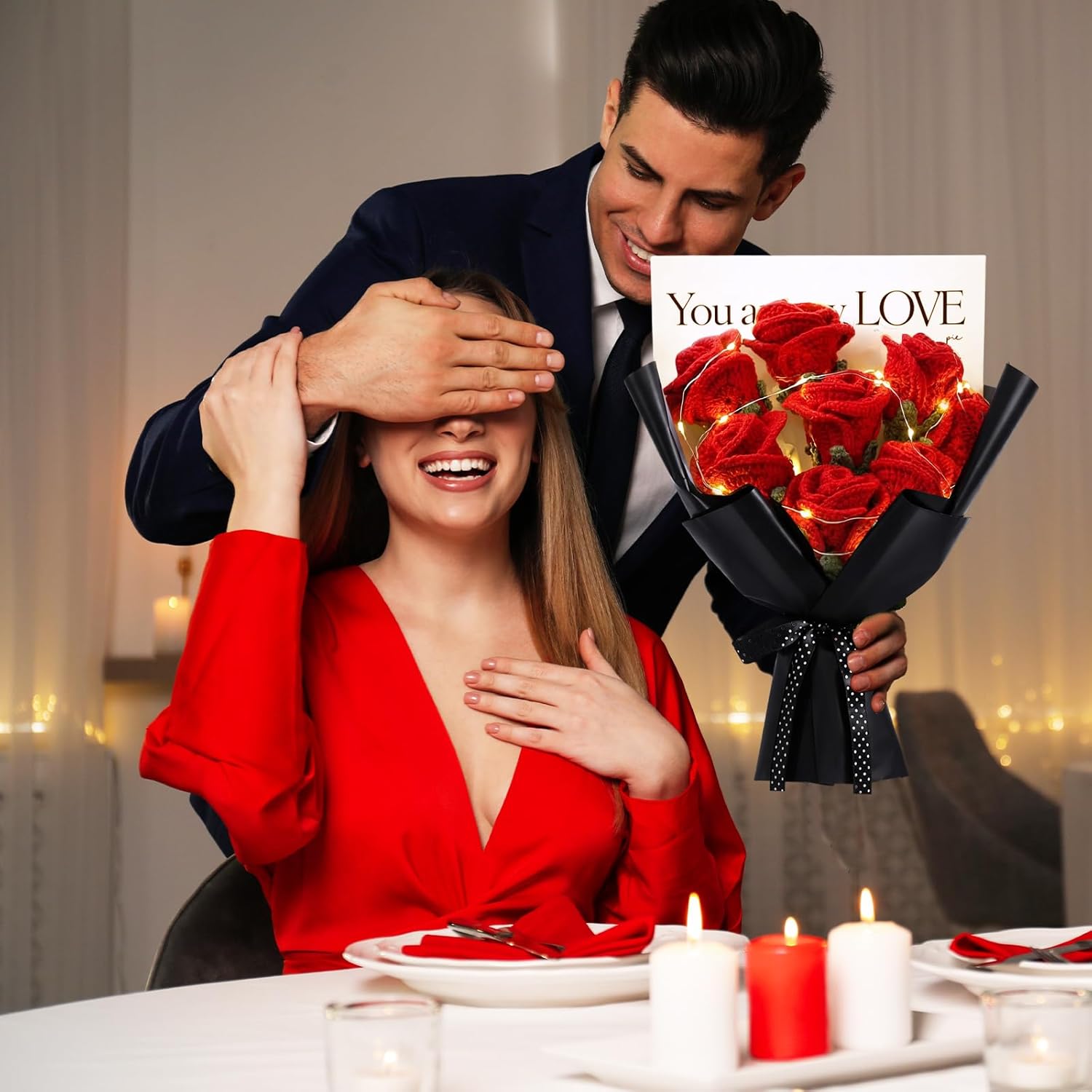 Red Crochet Rose Bouquet Gift Set, Handmade Knitted Eternal Roses with Bag and Card, Galentine's Day & Valentine's Day Gift for Her, Anniversary Birthday Wedding(8 Pcs) - Image 7