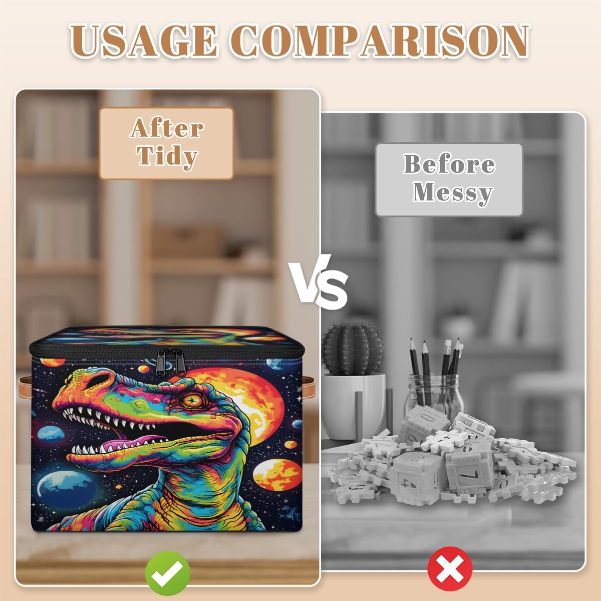 Storage Bin Set of 2 Rainbow Dinosaur Storage Basket with Zipper Lid & Handle Foldable Closet Shelf 2 Pack Cloth Organizer Basket Cube Bins Clothes Organizer for Bedroom, Nursery