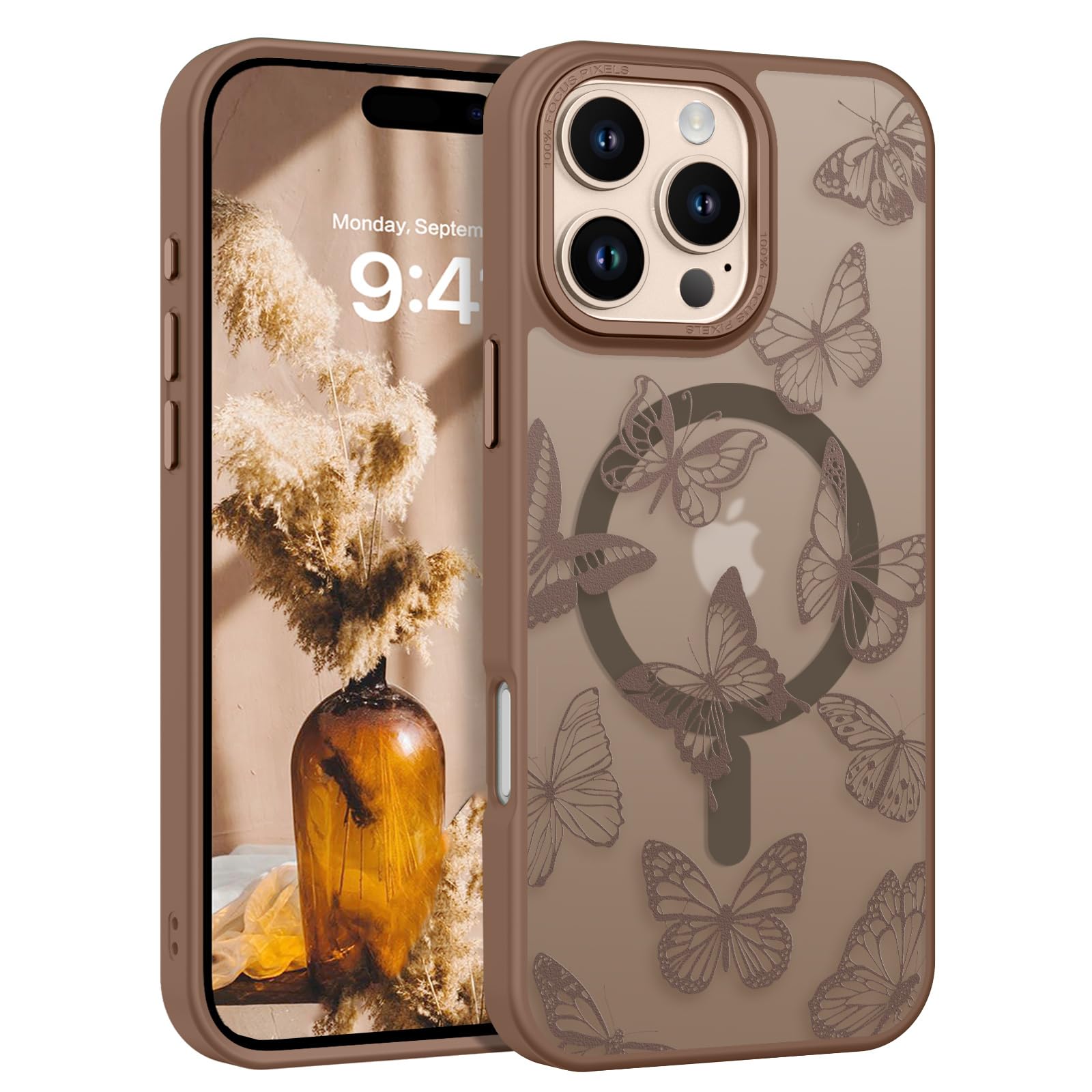 GUAGUA for iPhone 16 Pro Case Magnetic Cases Cute Butterfly Pattern Translucent Matte Back Anti-Scratch Slim Shockproof Protective Phone Case for