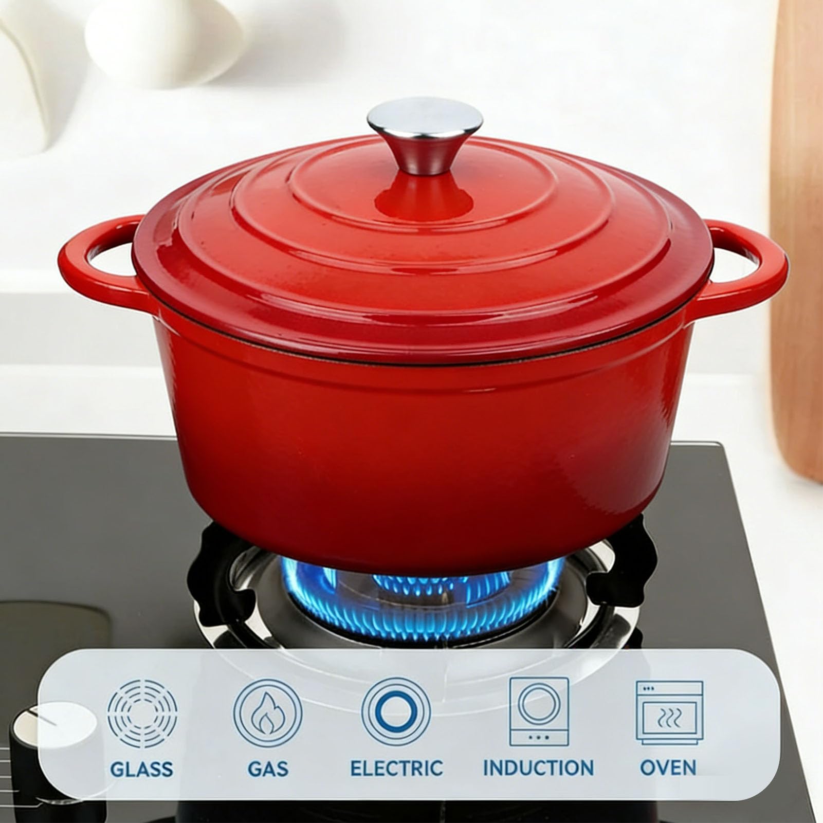 Bewinner Olla de Hierro Fundido con Tapa Esmaltada Antiadherente 26 Cm Apto para Horno Asado Estofado Salteado Cazuela de Cocción Lenta para Estufas Inducción de Gas Rojo (26CM)