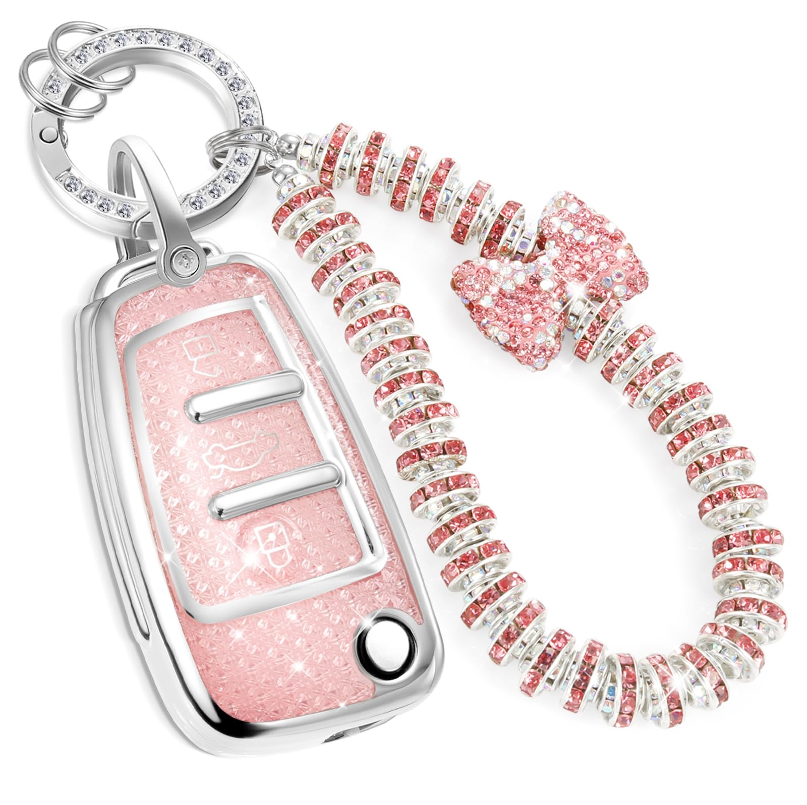 Key Fob Cover for Audi A3, Rhinestone Wristlet Keychain Case, Pink