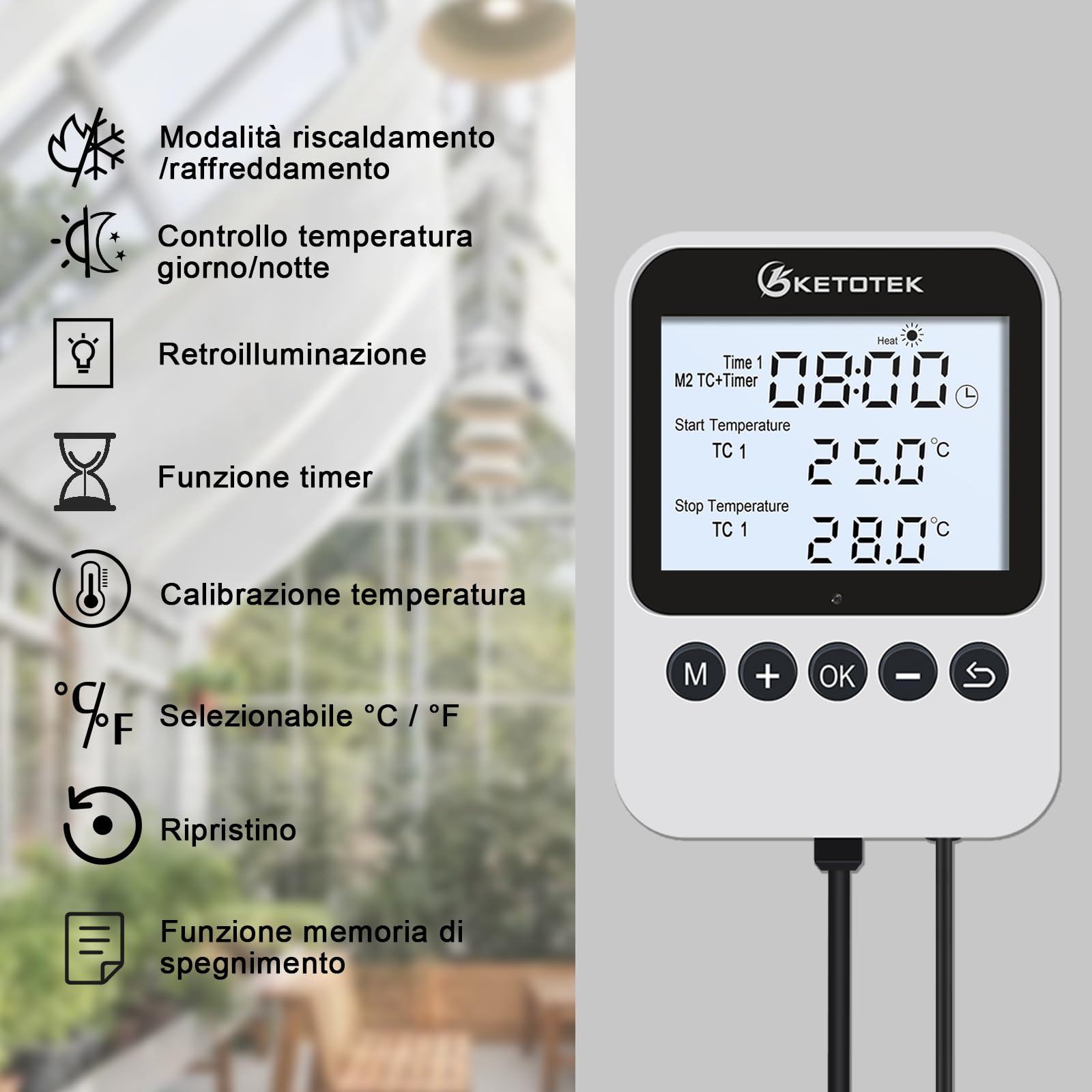 KETOTEK Presa Termostato Giorno/Notte con Timer 220V, Riscaldamento/Raffreddamento Regolatore di Temperatura Digitale, Sonda 3M, Design Separato, 3 Modalità per Rettili Terrario Serra Incubatrice