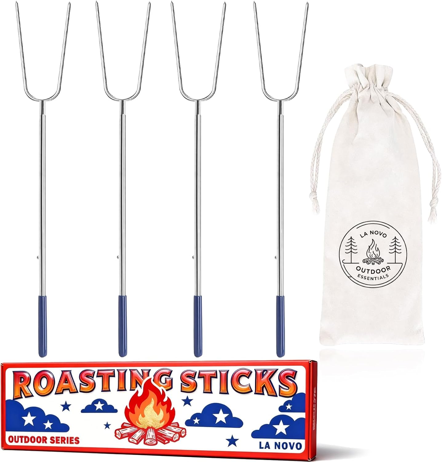 32 Inch Heavy Duty Campfire Roasting Sticks, Long Fire Pit Skewers for Hot Dogs, Smores & Marshmallows with Storage Bag Set of 4