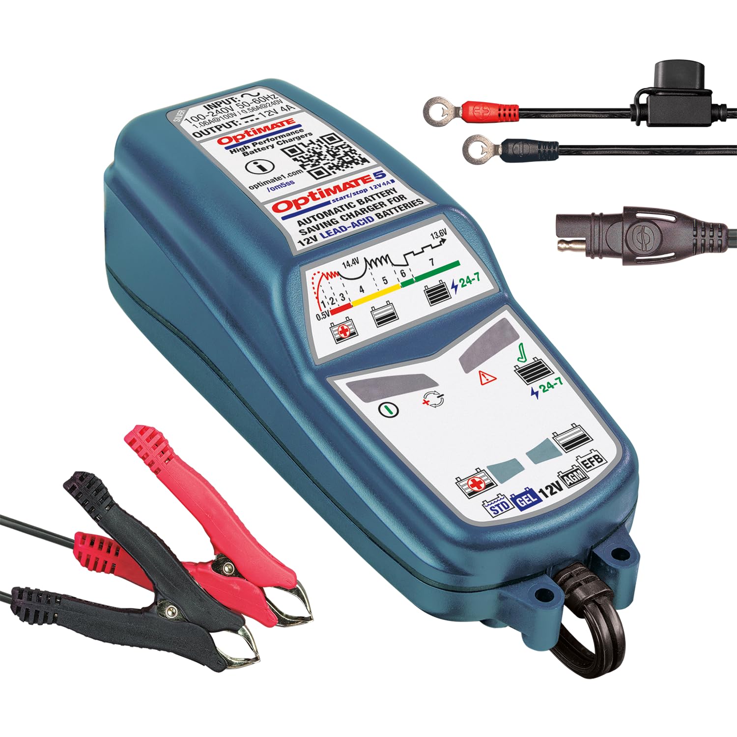 Optimate 5 Start/Stop 12V 4A Caricabatterie automatico e di mantenimento per batterie AGM, Gel, EFB & STD, 7 livelli, avvio da 0,5 V