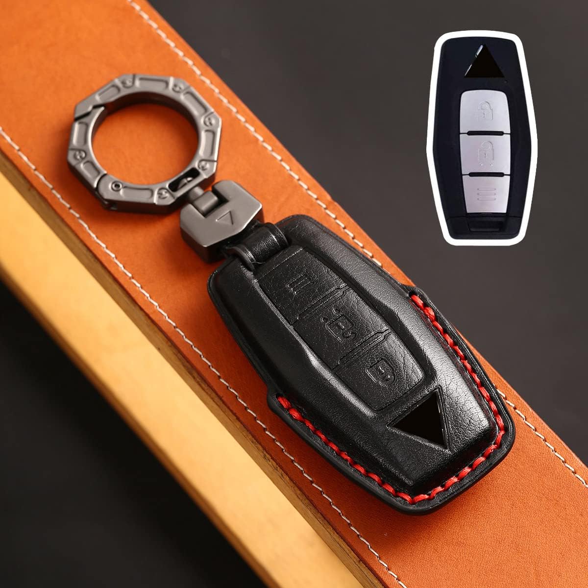 HIBEYO for Mitsubishi 2023 Key Fob Cover Smart Remote Auto Key Cover for Mitsubishi Outlander 2022 2023 Accessories with Keychians 3 Button Leather Key Case Shell-Blue