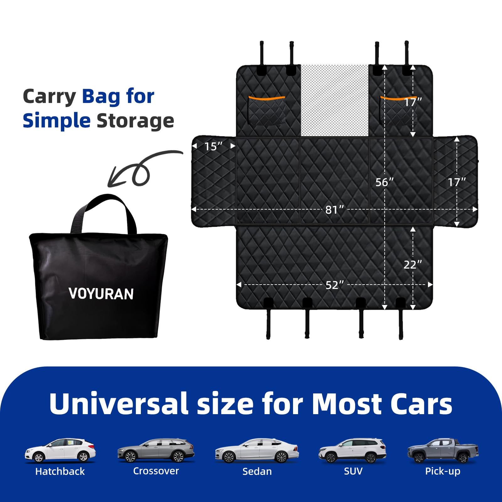 Dog Car Seat Cover for Back Seat, Waterproof Heavy Duty Wear-Resistant Dog Seat Cover, Non-Slip Dog Hammock & Bench Style with Alloy Clips for Cars SUVs Trucks, Medium & Large Dogs - image 5