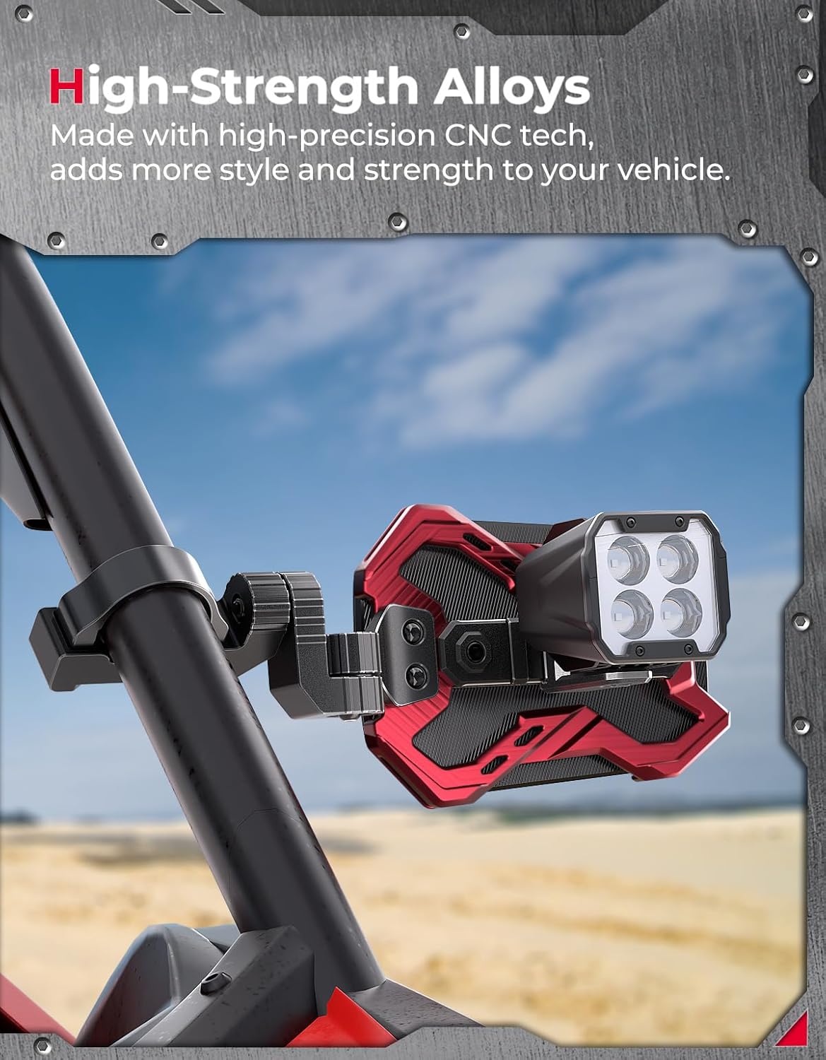 KEMIMOTO Billet Aluminum UTV Side Mirrors with Integrated Adjustable Light Mount Fits 1.65-2 inch Roll Cage Compatible with Polaris RZR Can Am Maverick X3 Pioneer Talon Teryx SXS Mirror