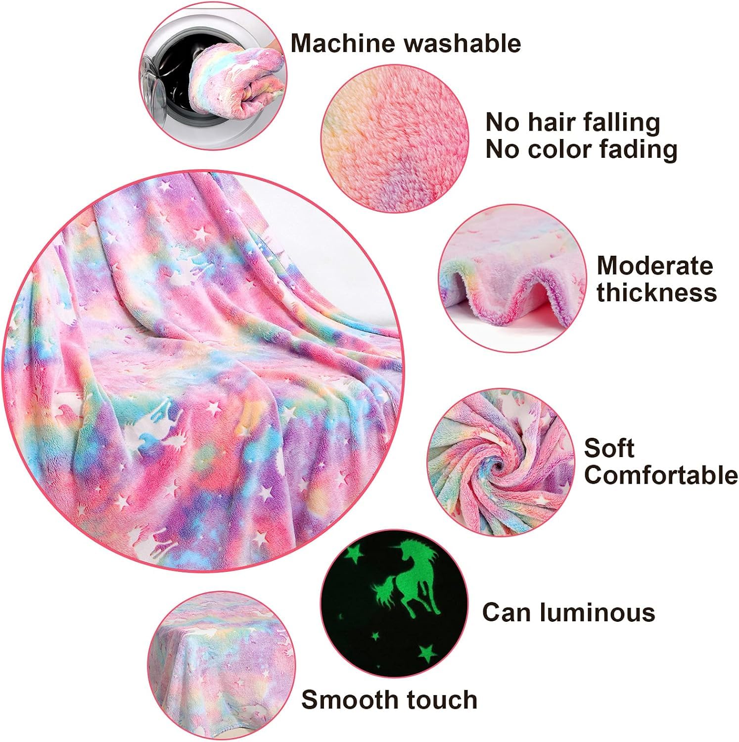EXILOM Glow in The Dark Blanket for Kids, 200x152 Cm, Unicorns Gifts for Girls, Soft Kids Blankets for Christmas Birthday, Cozy & Warm All-Season Glow Blanket Ideal Gift for Boys & Girls (Pink) 3