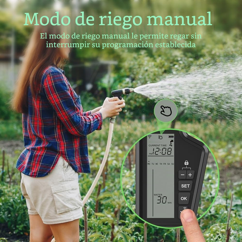MIUCDA Programador Riego Inteligente WiFi, Pantalla LCD Grande, para Grifo 1/2" y 3/4", Riego automático programado, Ordenador de riego Compatible con Alexa y Google Home, Control por Voz y App