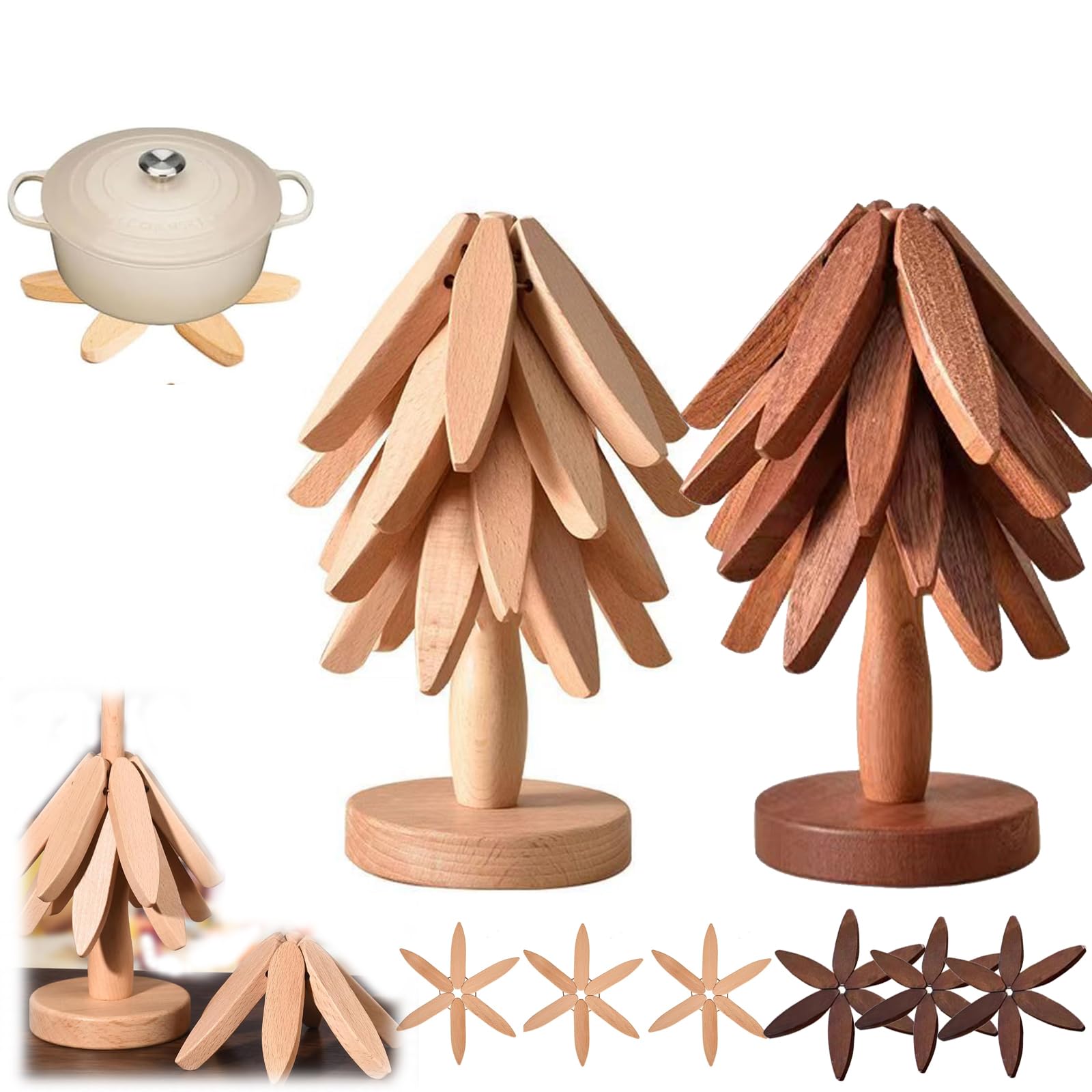 Dessous de plat pliable en bois avec coussinets isolants pour servir des plats chauds