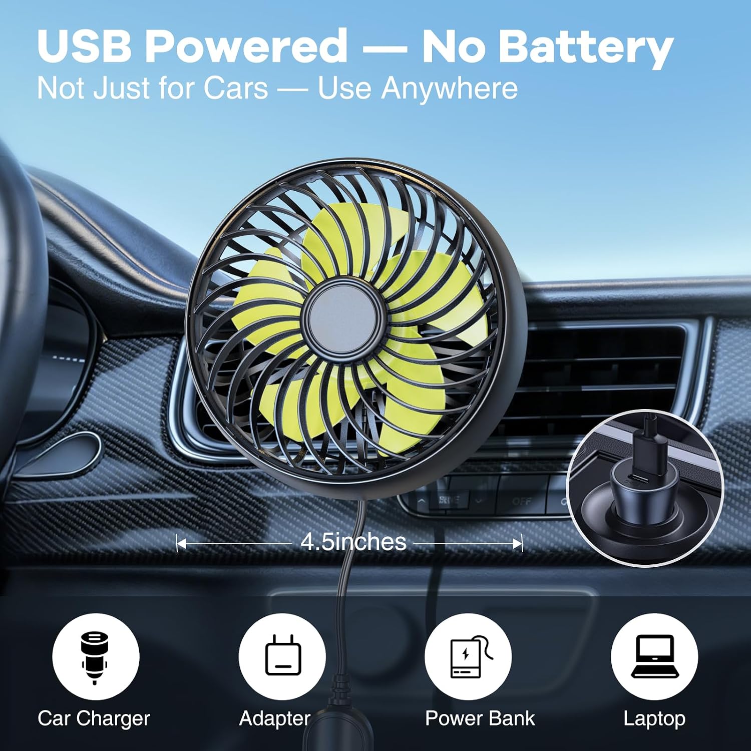 Car Vent Fan USB Powered, Portable Clip Fan for car air vent with Powerful 3 Speeds, Quiet Brushless Motor 360 Rotatable, Mini Cooling Air Fans with Circulation for Vehicle, SUV, Truck, Van, RV