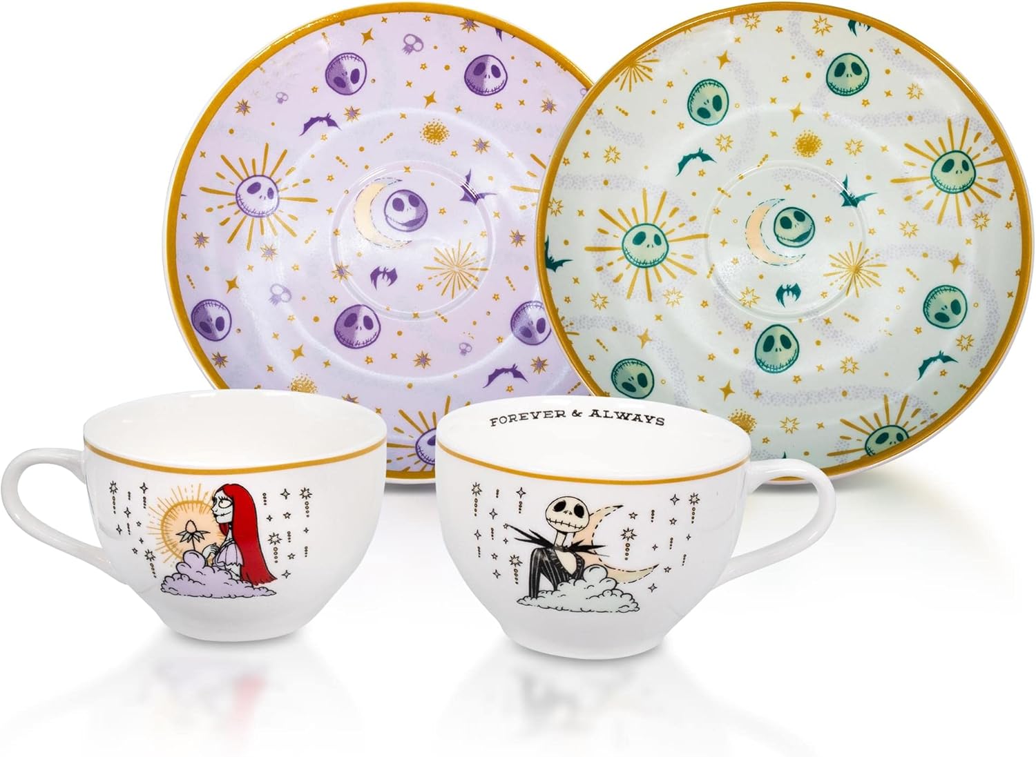 Disney The Nightmare Before Christmas Jack & Sally Teacups and Saucers With Gold Trim, Set of 2 | Bone China Tea Party Gift Set For Coffee, Espresso, Mocha | Tim Burton Halloween Gifts and Collectible