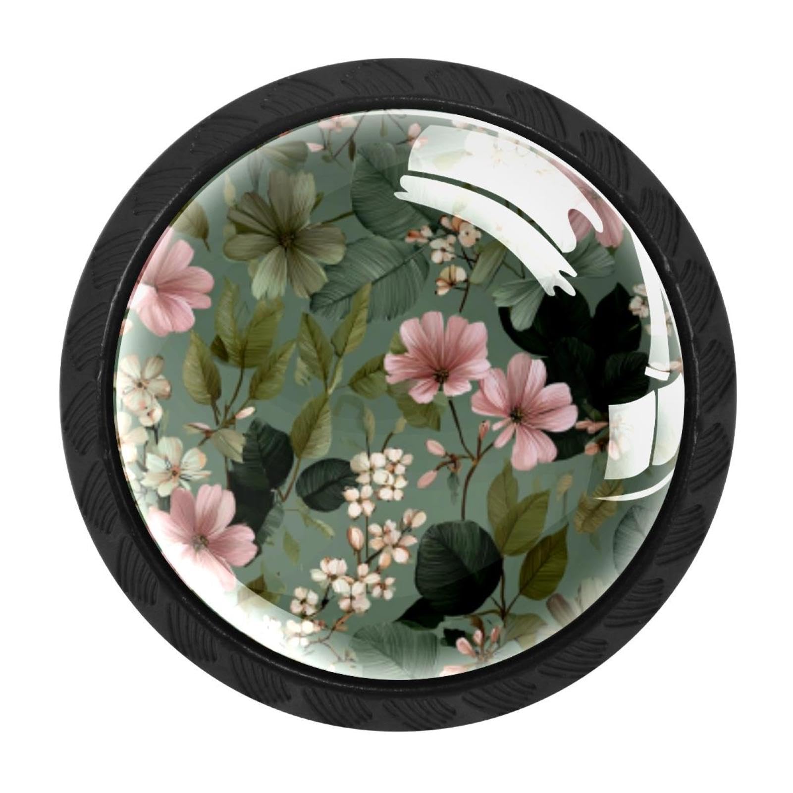 CHENZZZZ 4PCS Sage Green Flowers and Leaves (3) Dresser Knob Round Glass Drawer Knobs Pulls Cabinet Handle for Home Kitchen Office Bathroom Wardrobe Cupboard