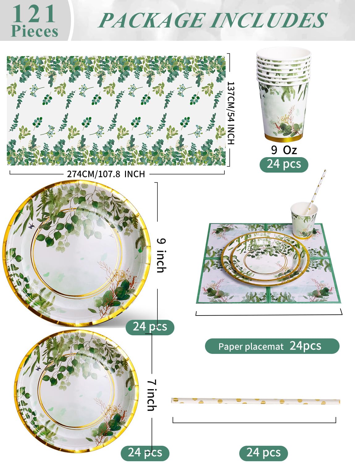 Winoo Set Piatti E Tovaglioli Verde Salvia – 24 Pezzi Usa E Getta Per Feste A Tema Giardino - 2