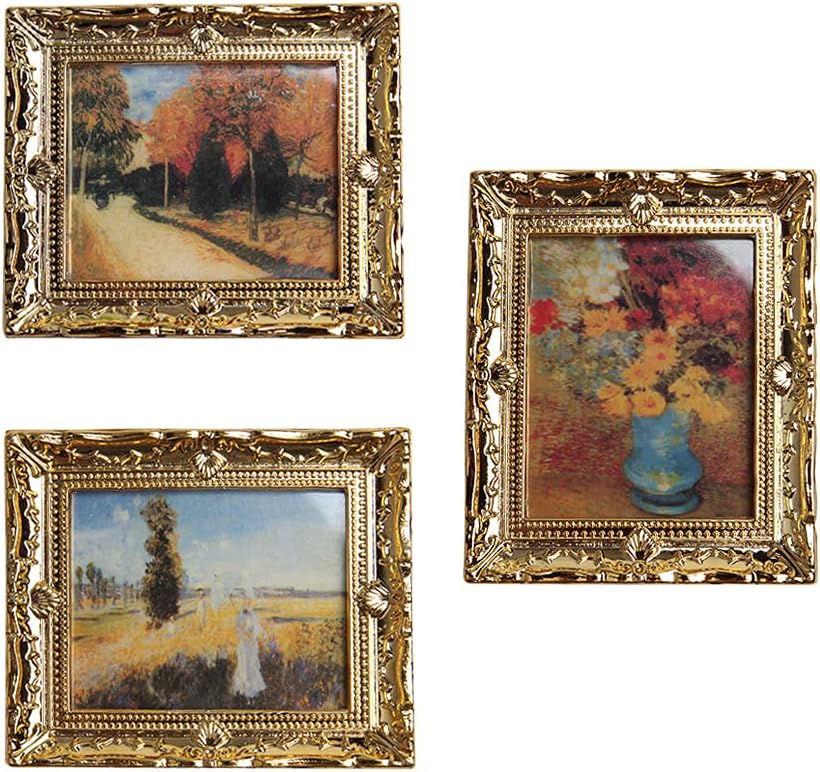 Acxico 3Pcs 1:12 Miniature Gold Frame Oil Paintings - Dollhouse Wall Art Decor Set
