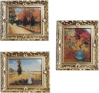 Acxico 3Pcs 1:12 Miniature Gold Frame Oil Paintings - Dollhouse Wall Art Decor Set