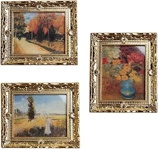Acxico 3Pcs 1:12 Miniature Gold Frame Oil Paintings - Dollhouse Wall Art Decor Set