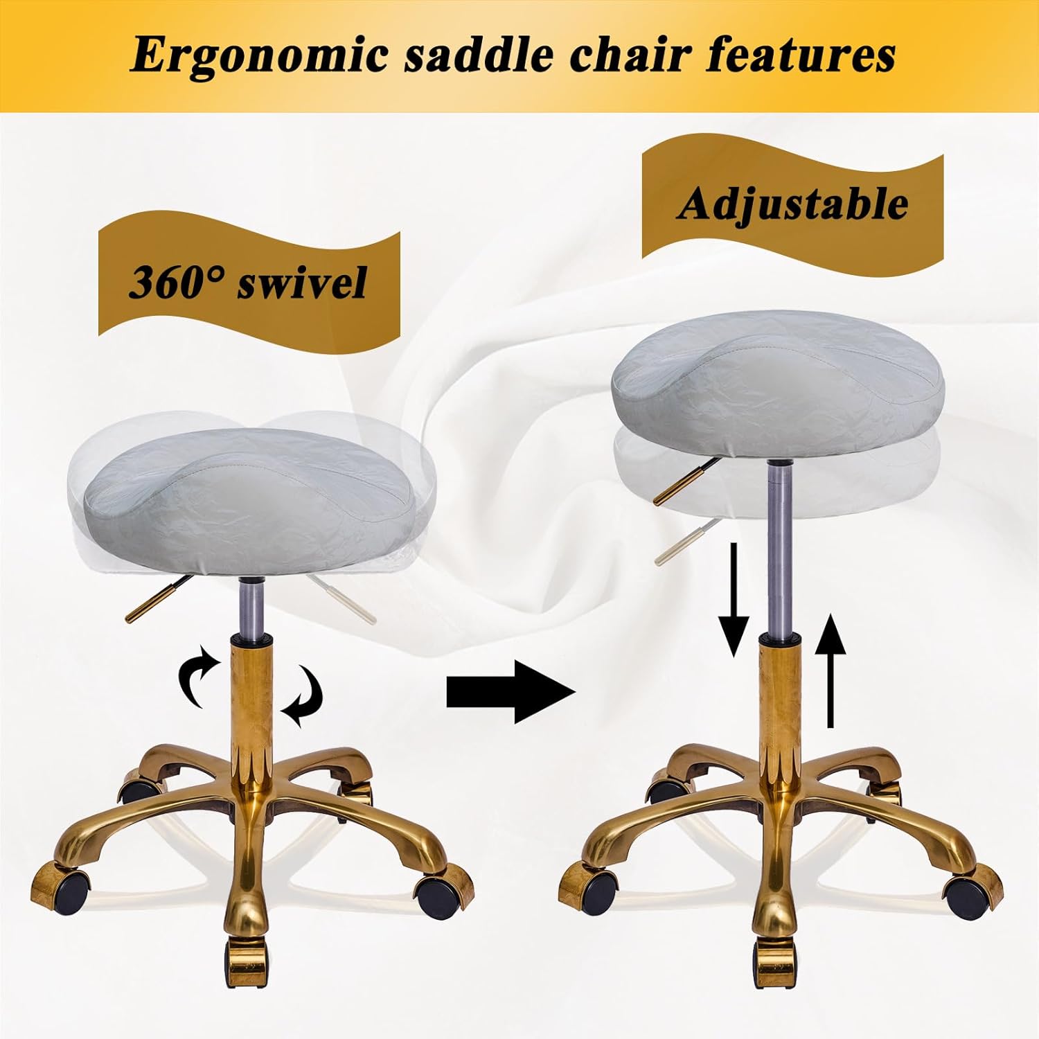 Saddle Stool Gold Rolling Stool with Wheels, PU Leather Roller Vanity Chair, Height Adjustable Swivel Saddle Chair for Pedicure, Tattoo, Massage, Salon, Spa (White)